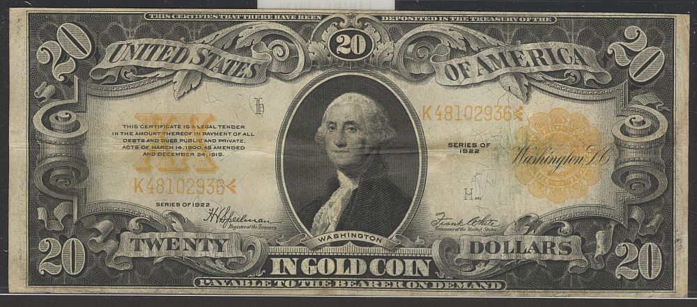 Fr.1187, 1922 $20 Gold Certificate, K48102936, Very Fine